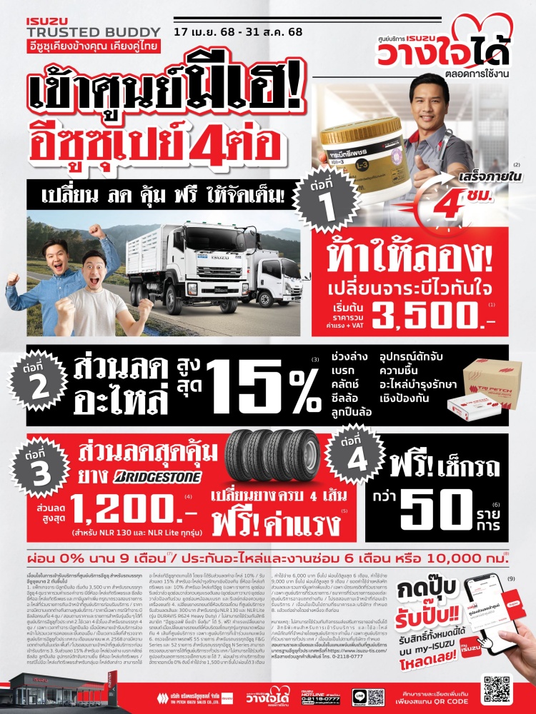 batch_โปสเตอร์แคมเพจ์นเข้าศูนย์มีเฮ_รถใหญ่ ยิ่งใช้นานยิ่งเฮ! อีซูซุเปย์ 4 ต่อ! แคมเปญเด็ดสำหรับลูกค้าอีซูซุทั้งกระบะถึงรถบรรทุก