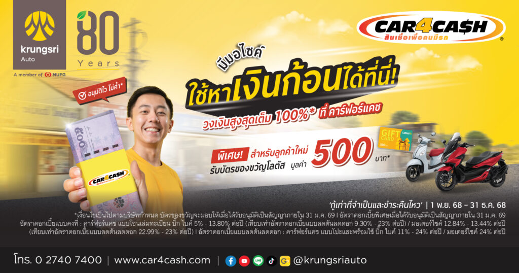 01-Car4Cash-2W-0.42-Percent-1024x538 “คาร์ฟอร์แคช” เสริมสภาพคล่องผู้ใช้รถบิ๊ก ไบค์ และมอเตอร์ไซค์ รับเงินก้อนกับข้อเสนอดอกเบี้ยพิเศษเริ่มต้น 0.42% ต่อเดือน